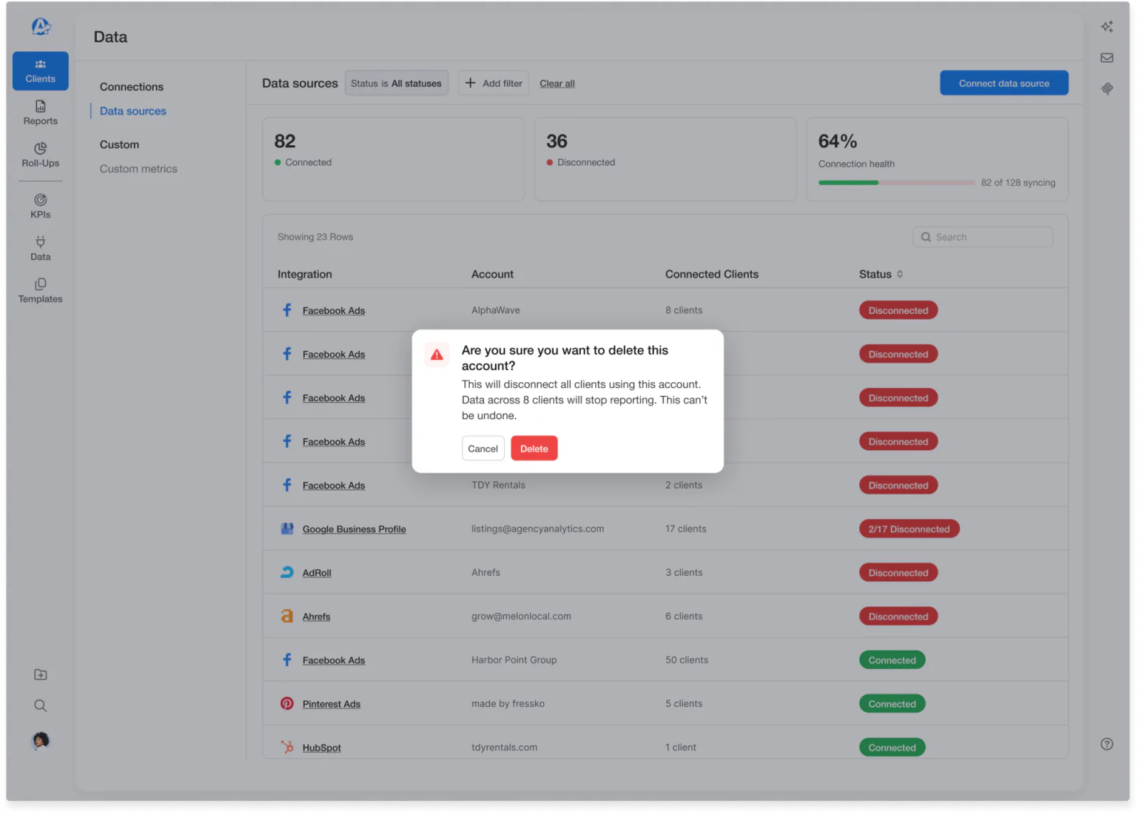 After: deleting an account with a clear warning about disconnected clients