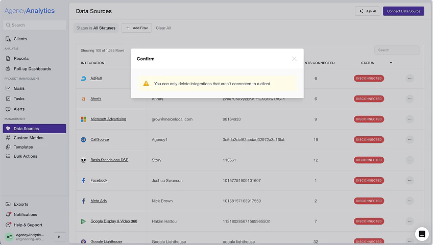 Before: deleting an account was blocked while connections existed