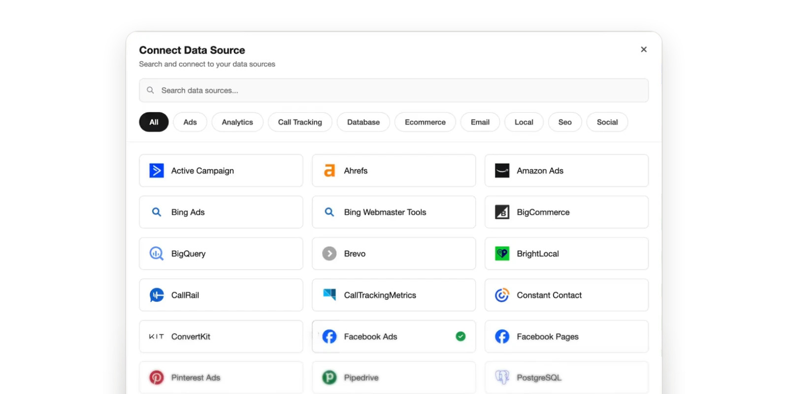 The redesigned Connect Data Source modal with search and category filters.