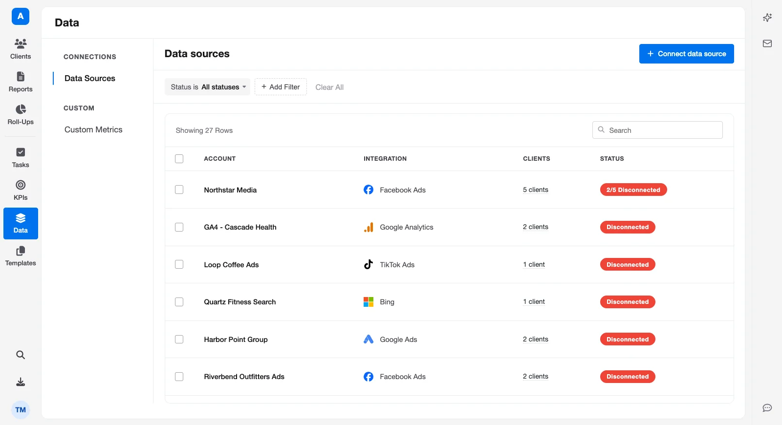 The redesigned Data Sources page, organized by account: each row shows the account, its integration, how many clients it is connected to, and its status
