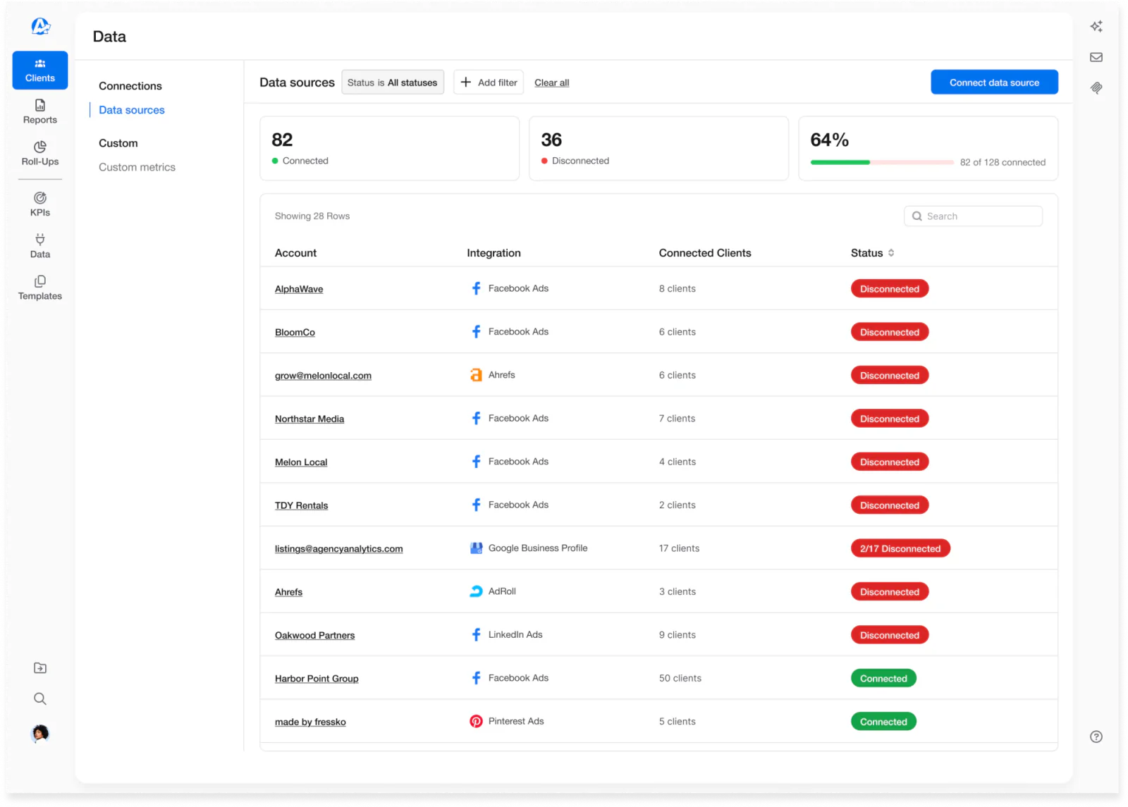 Account overview showing connected and disconnected counts, doubling as filters