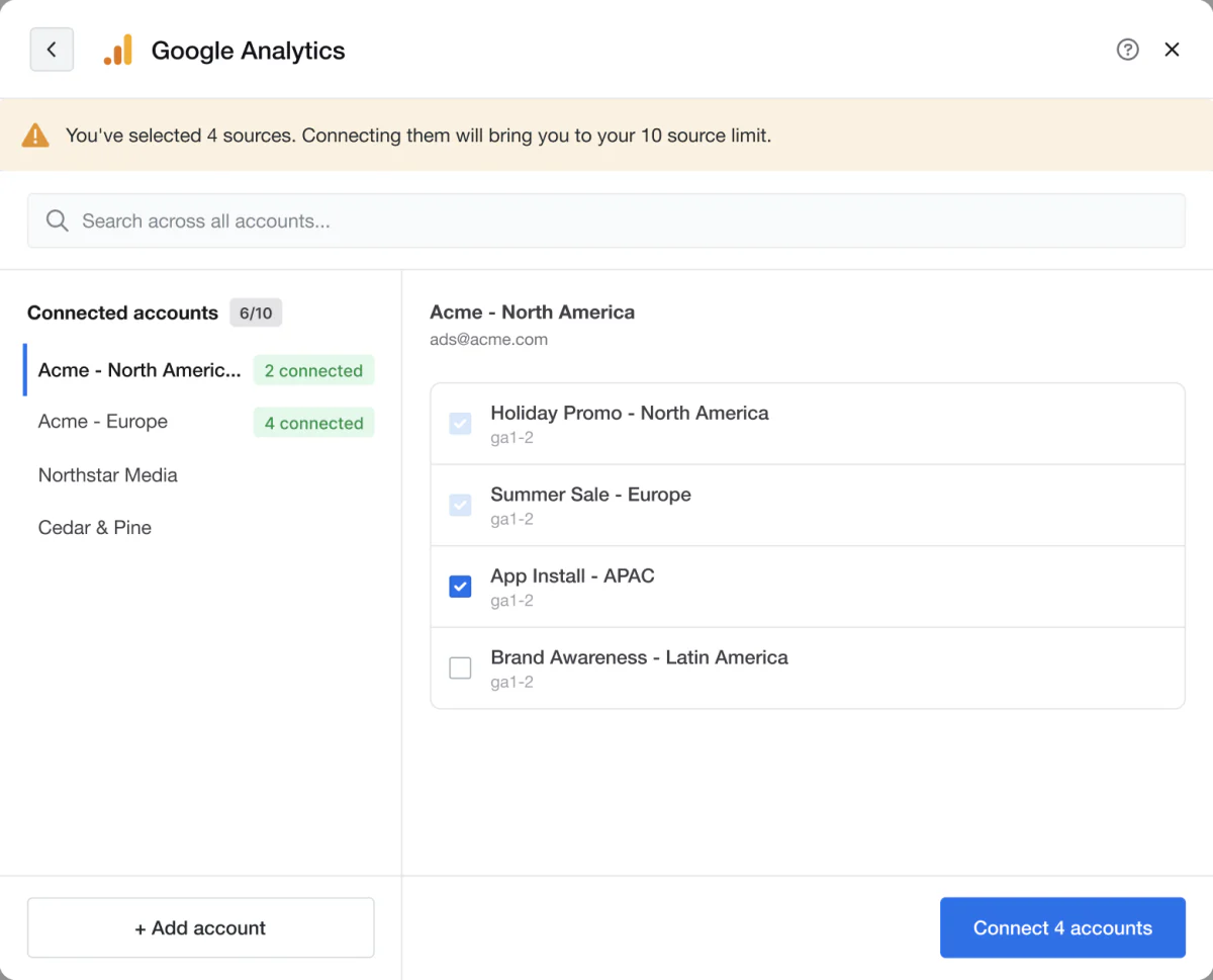 Google Analytics connection modal with a warning that connecting the selected sources will reach the 10 source limit, and some subaccounts selected