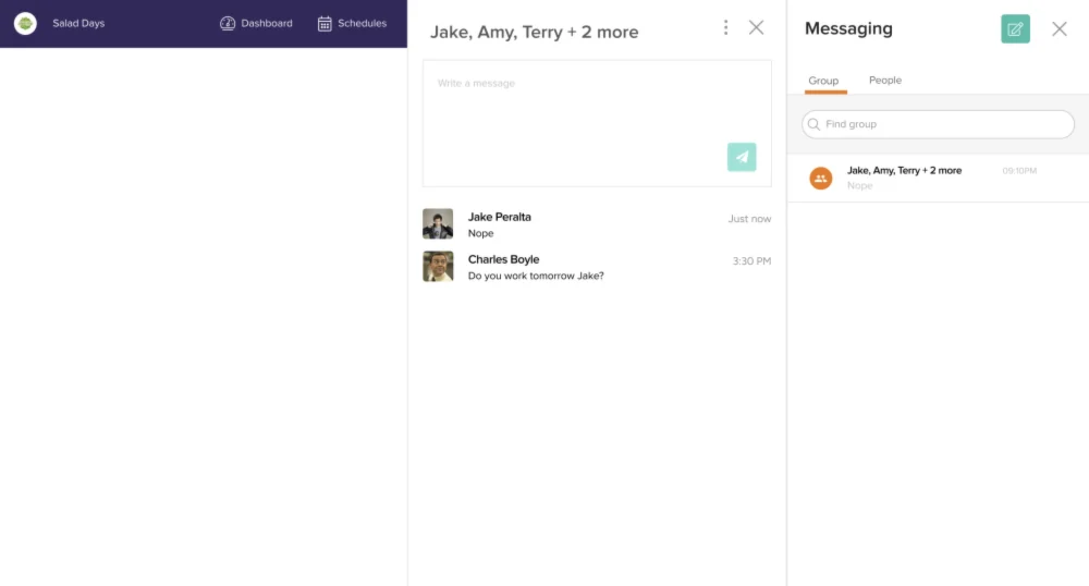 Before: the old group conversation, with the message composer at the top, a plain list of messages, and a separate Messaging panel of groups