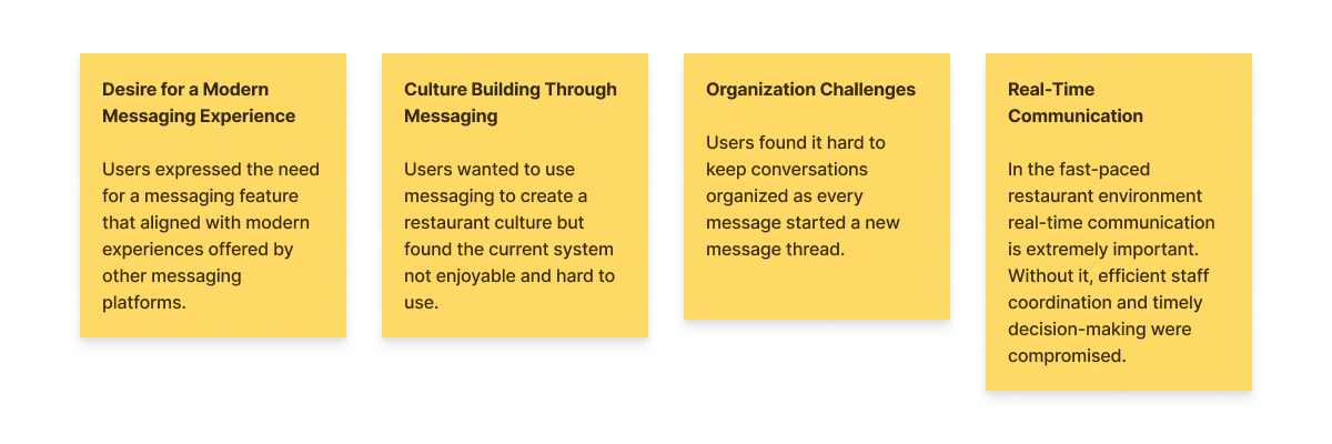 Four pain points from staff interviews: modern experience, culture building, organization, real-time communication