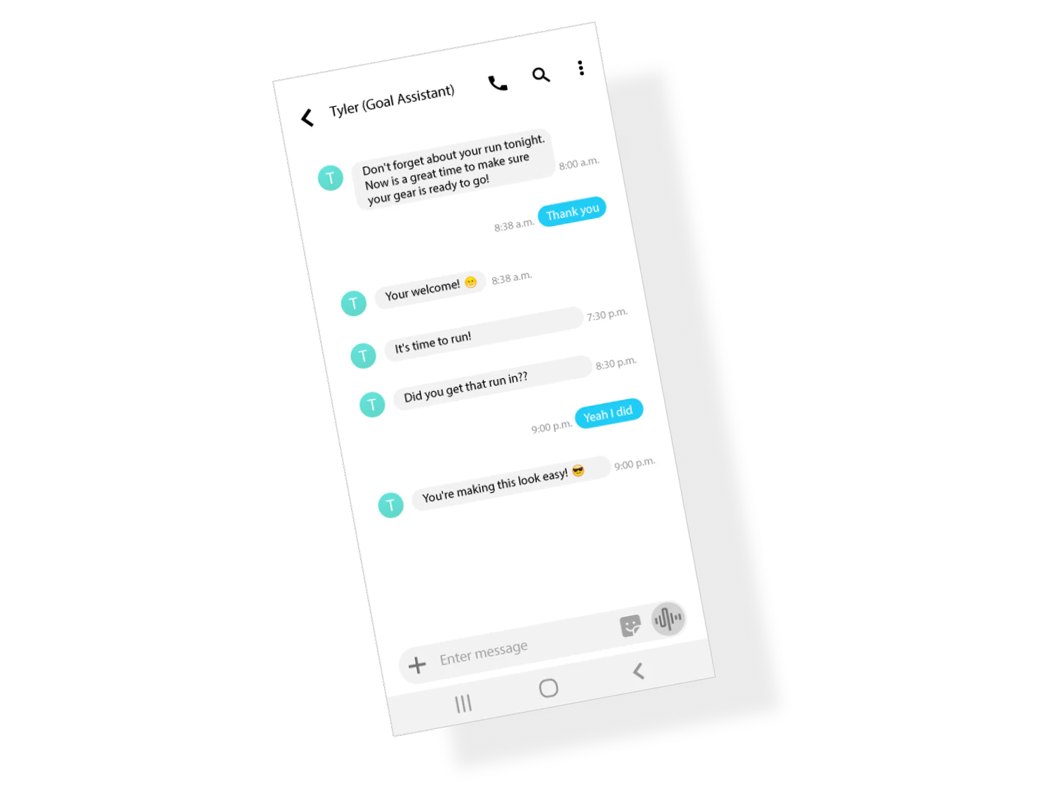 SMS conversation with Tyler, the goal assistant, reminding the user about their run