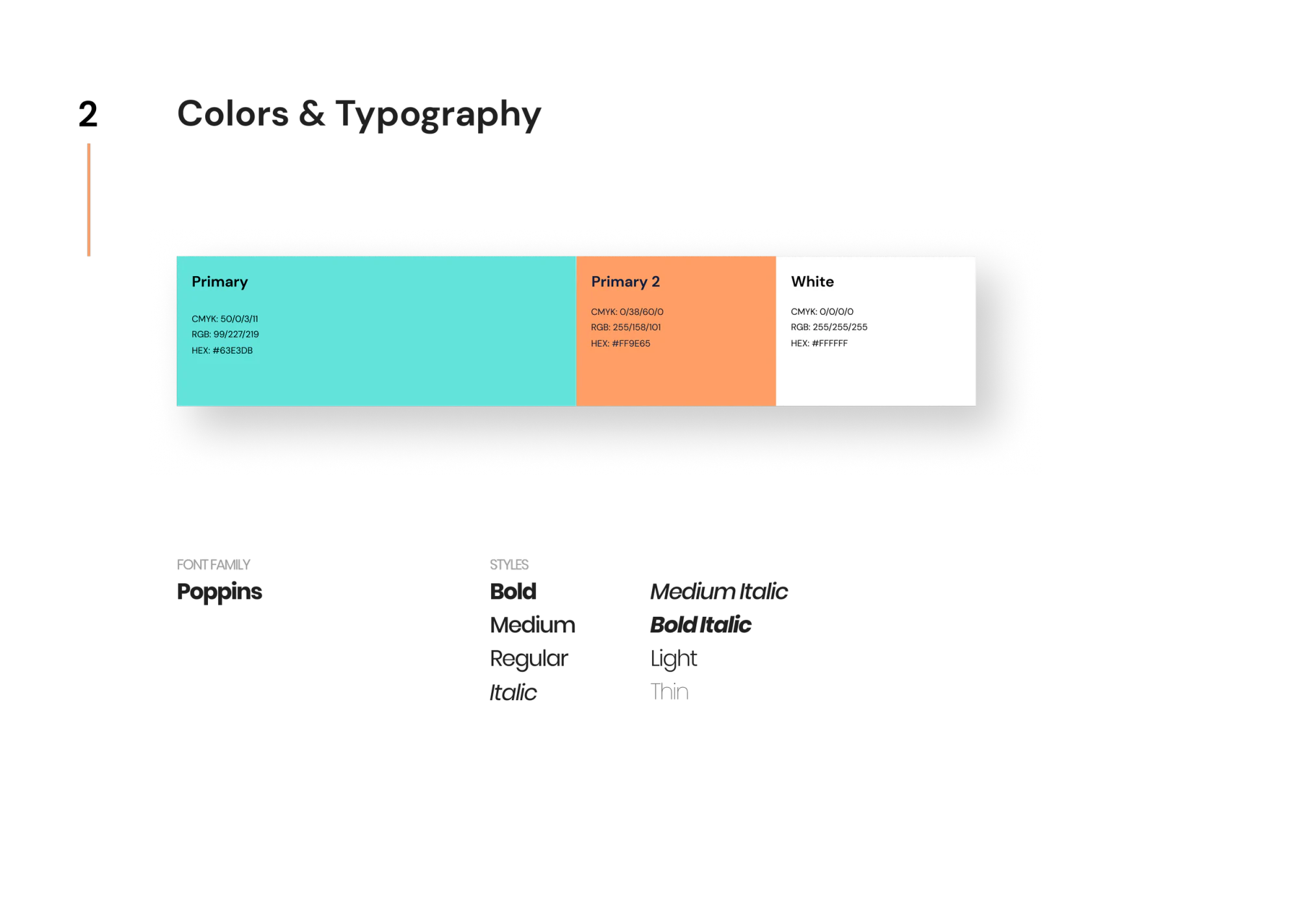 Colors and typography: turquoise primary, orange secondary, white, and Poppins