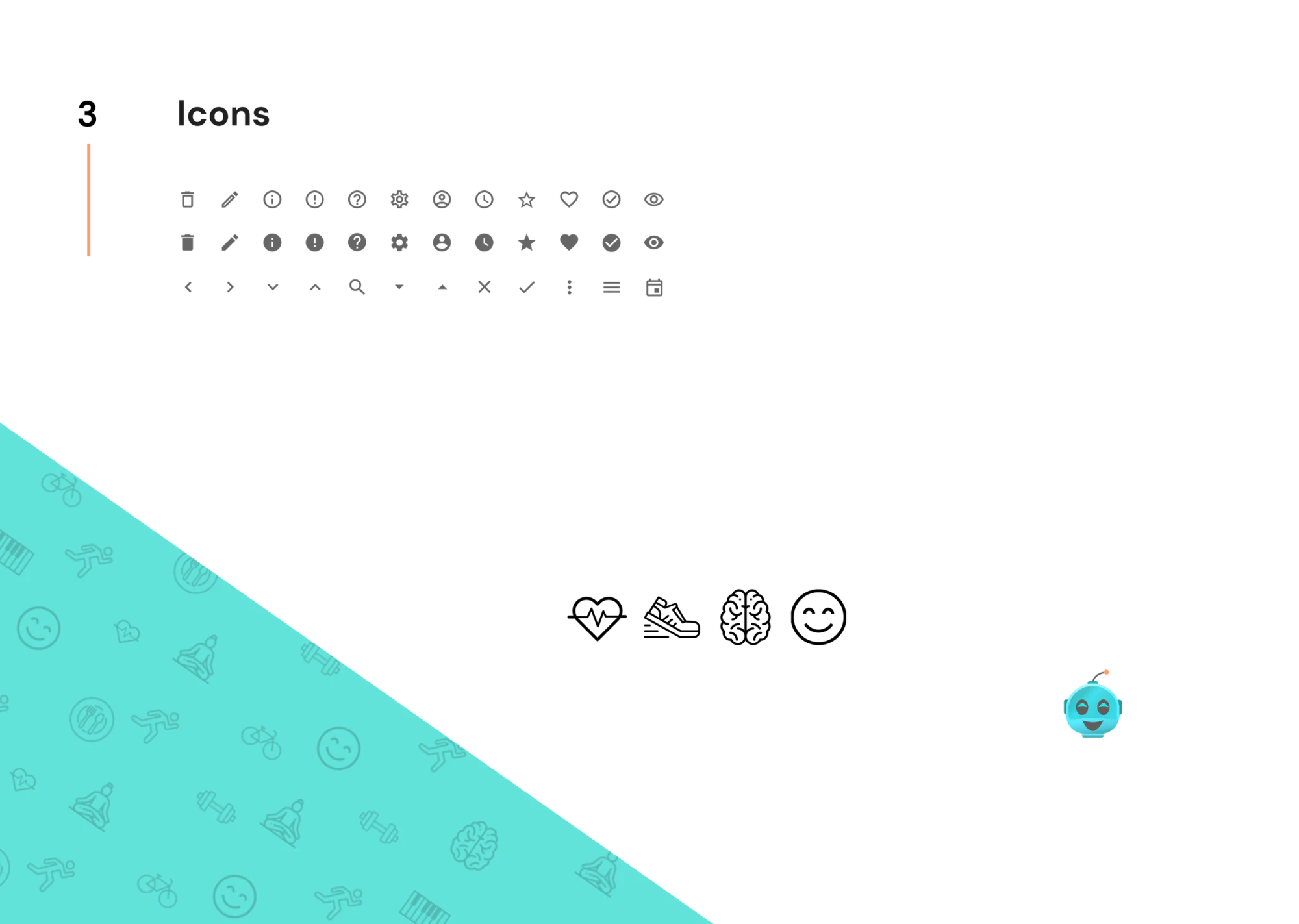 Icon set, goal category icons, and robot mascot