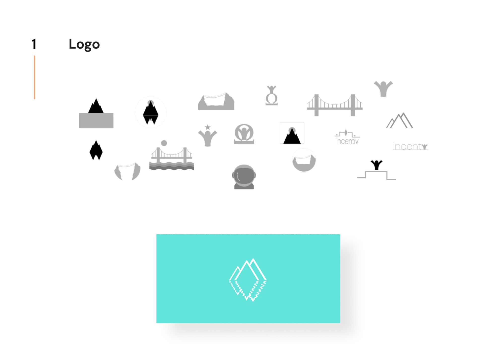 Logo explorations and the final Incentiv mountain mark on turquoise