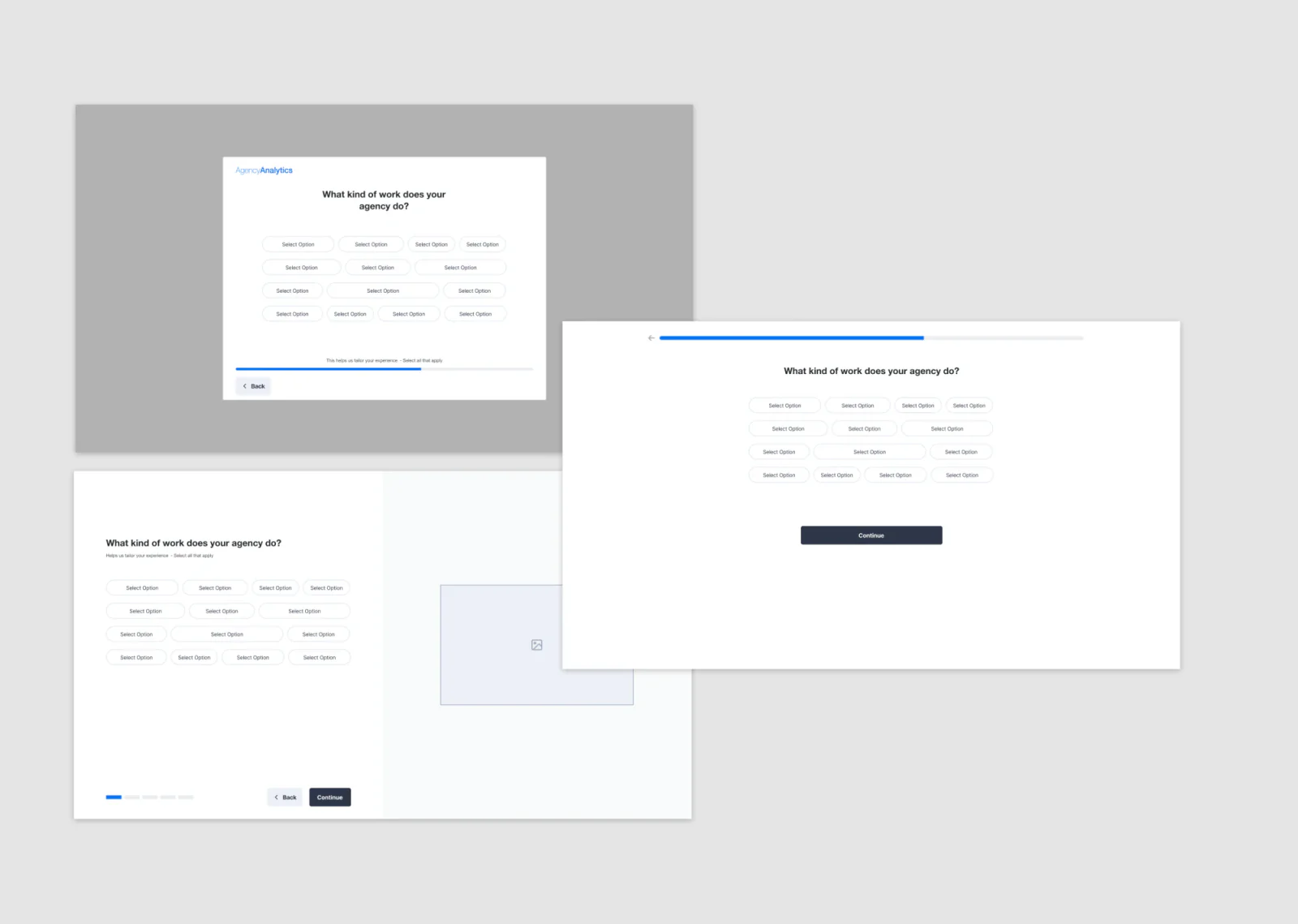 Low-fidelity wireframes exploring full-page and modal onboarding layouts