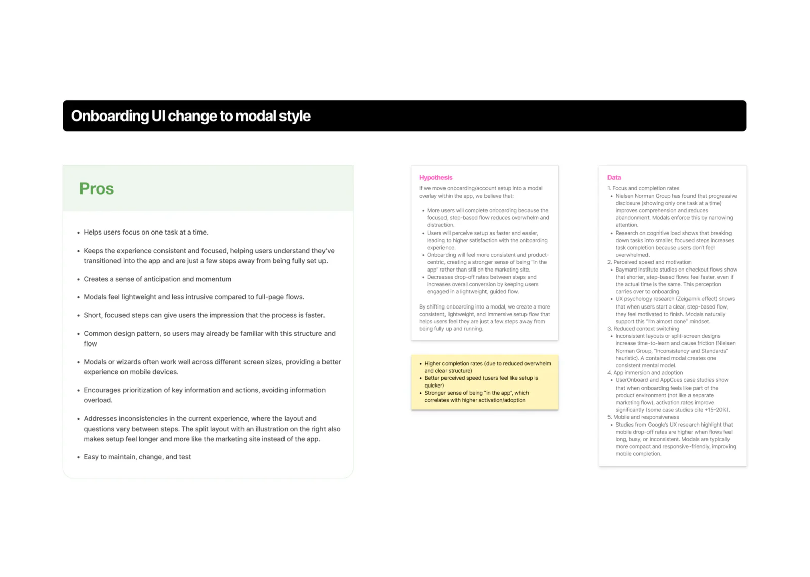 Pros, hypothesis, and supporting research data for the modal onboarding style
