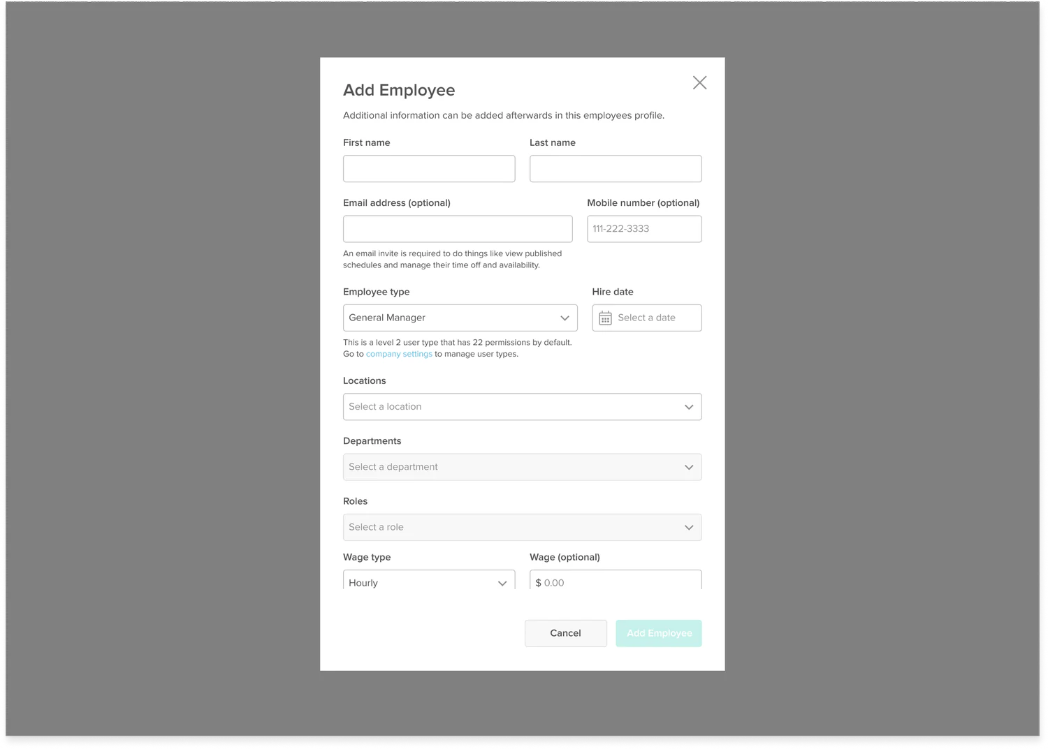 Add Employee modal with an employee type field that shows the permission count for the selected type