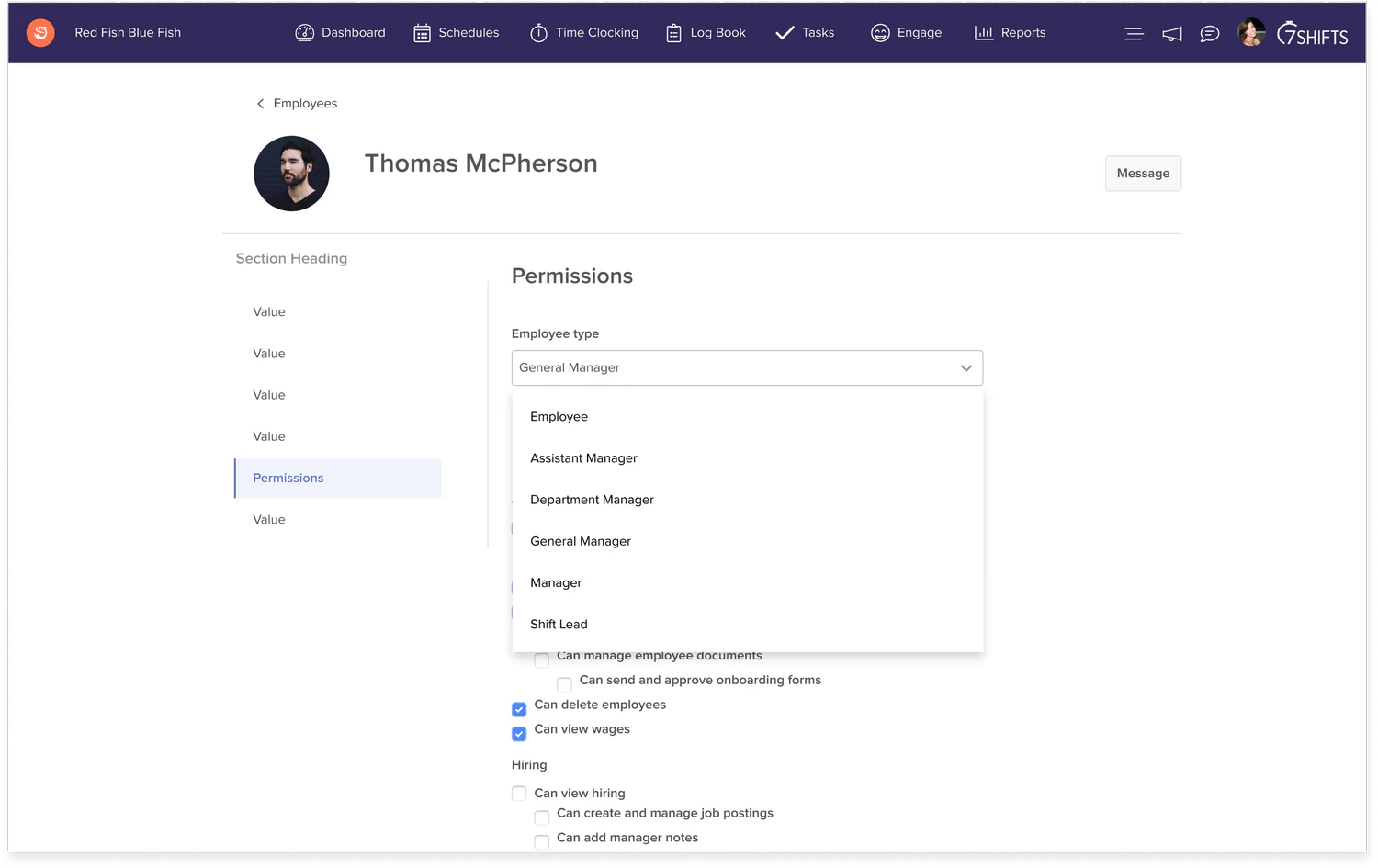 Employee profile showing the permissions tab with an employee type dropdown
