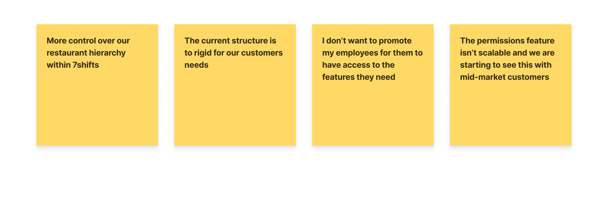 Sticky notes from customer research: more control over hierarchy, current structure too rigid, don't want to promote employees just for access, permissions isn't scalable for mid-market