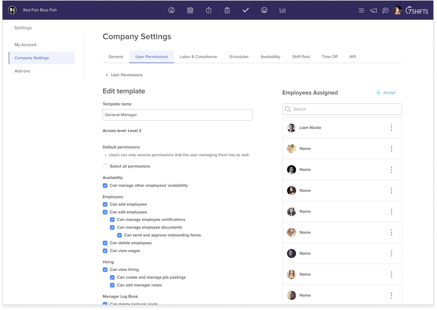 Same edit template page after employees have been assigned, showing a searchable list of names