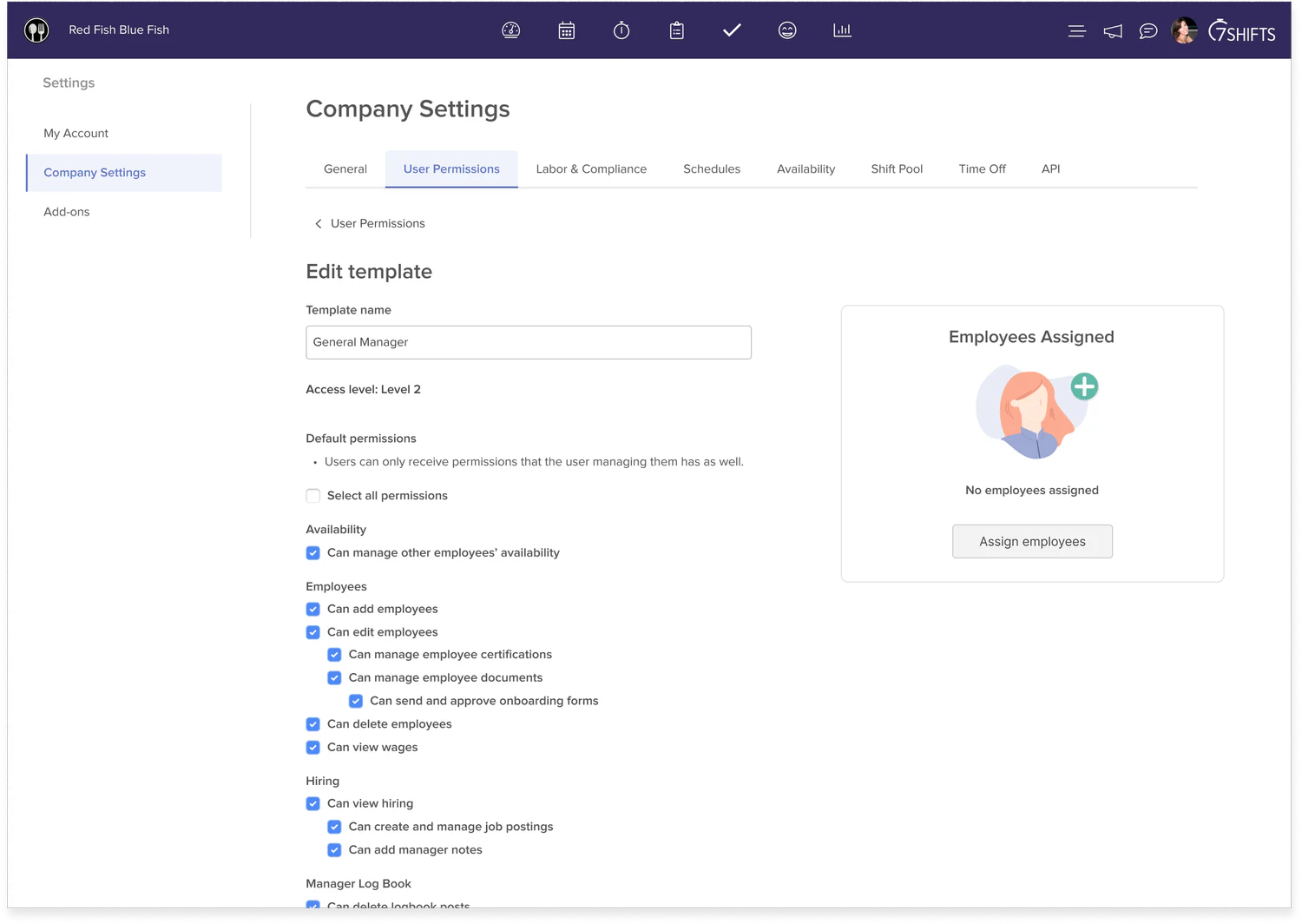 Edit template page for General Manager with no employees assigned yet
