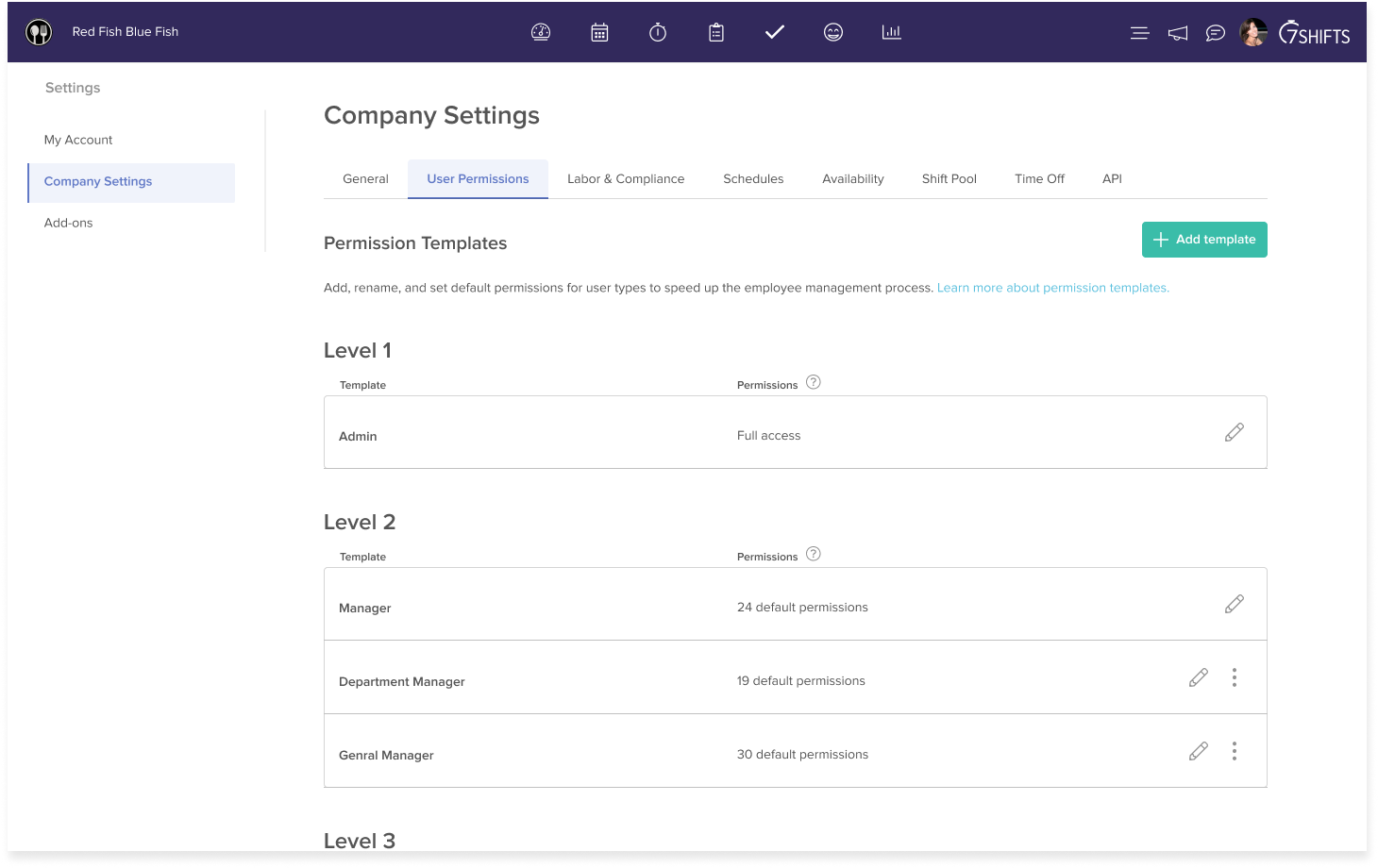 Permission Templates settings page with Level 1, 2, and 3 templates like Admin, Manager, Department Manager, and General Manager