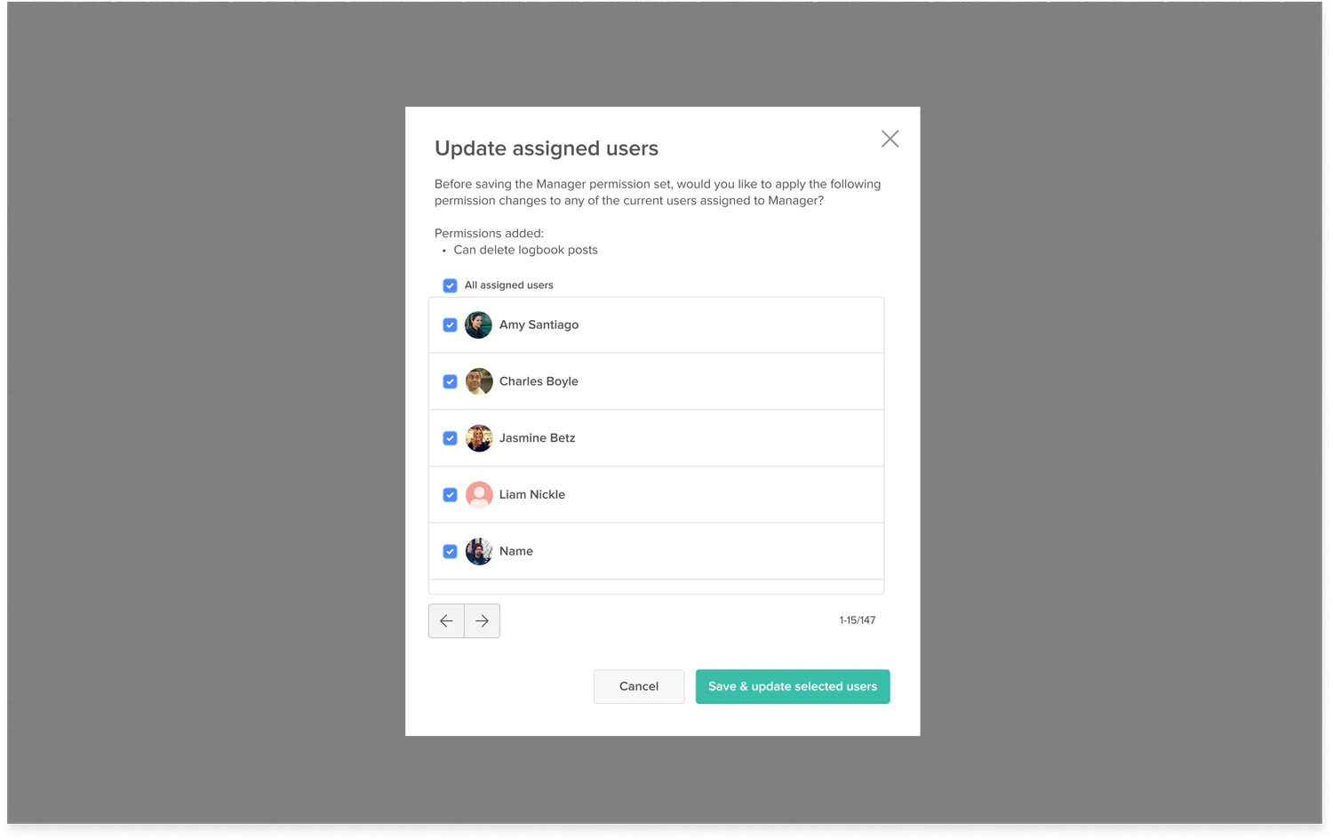 Update assigned users modal, confirming which employees should receive a permission change before it's applied