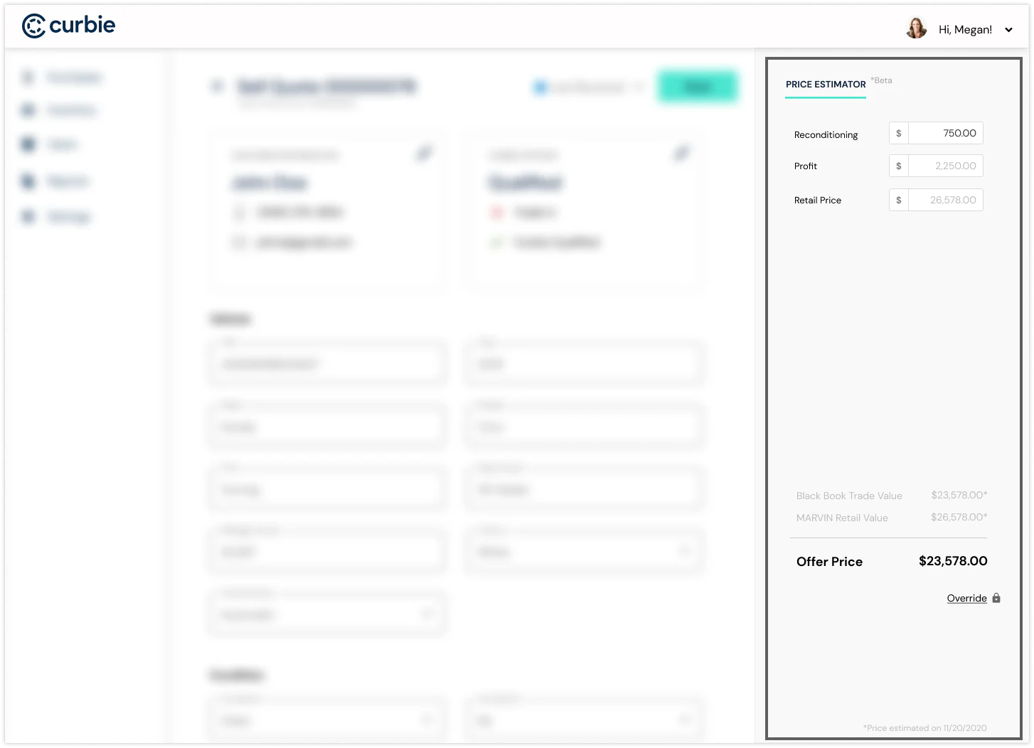 Close-up of the price estimator panel with reconditioning, profit, retail price, black book trade value, and offer price