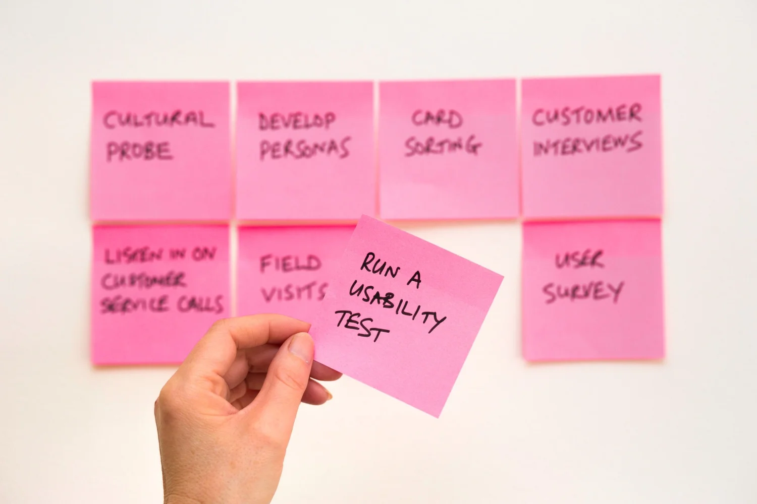 Research method sticky notes: cultural probe, personas, interviews, usability testing