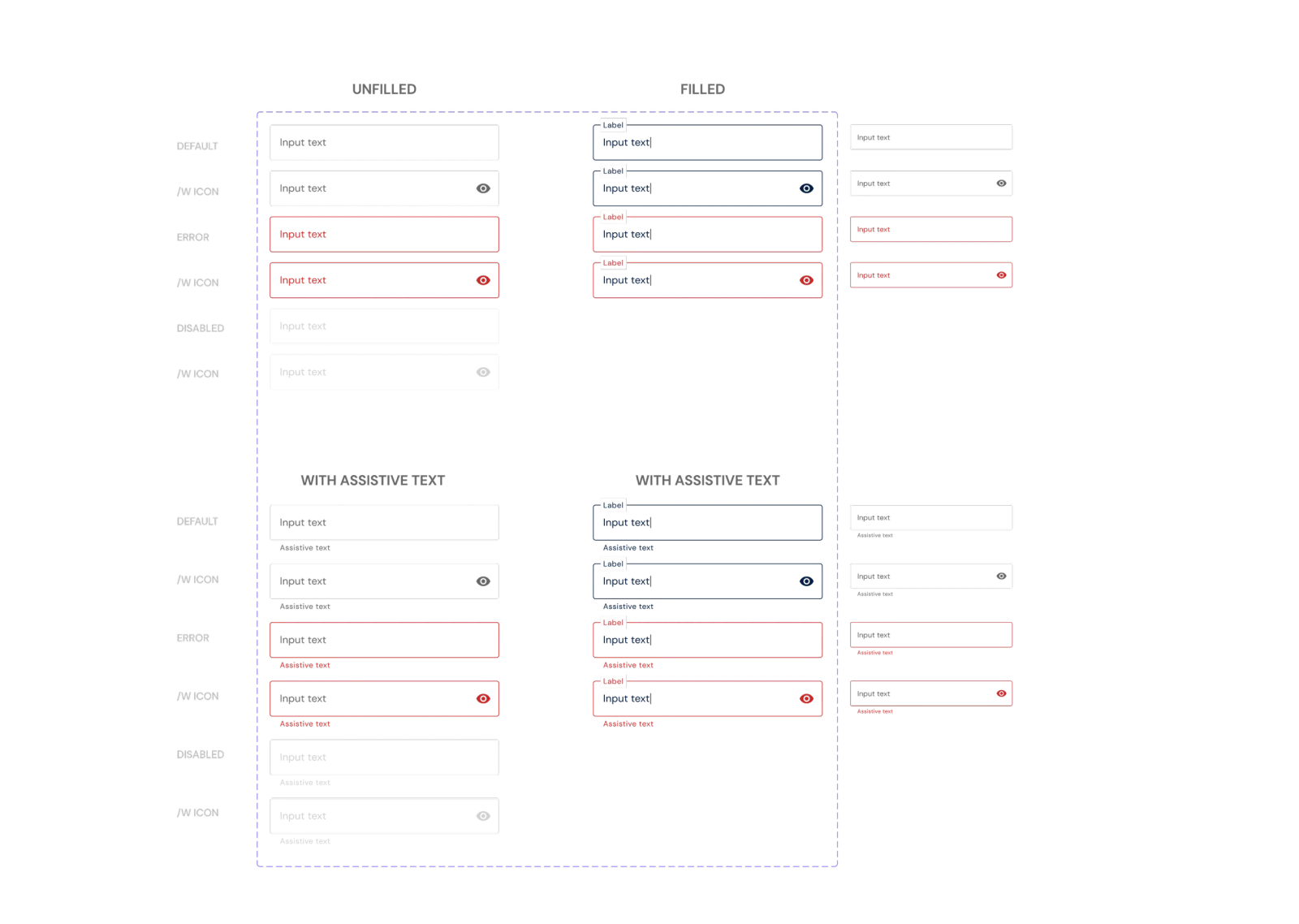Documented input fields, unfilled and filled, with default, icon, error, and disabled states
