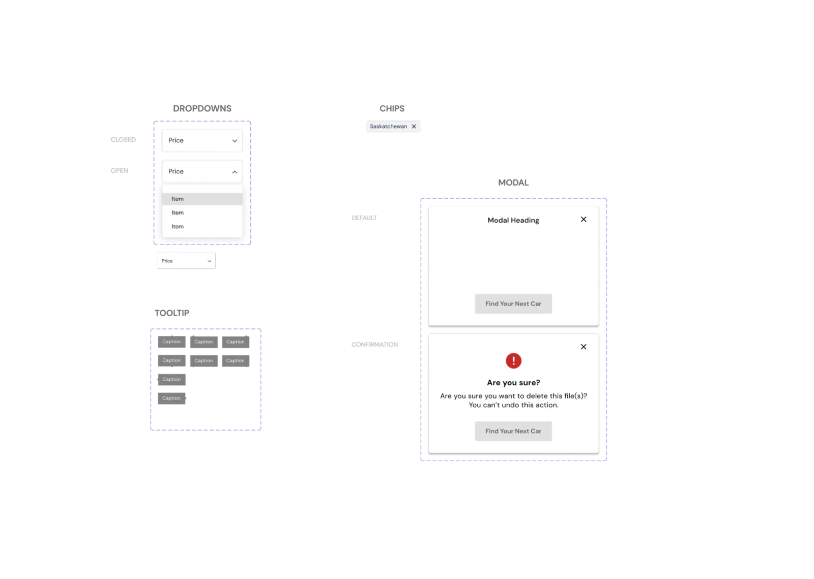 Documented dropdowns, chips, tooltips, and modals including a confirmation variant
