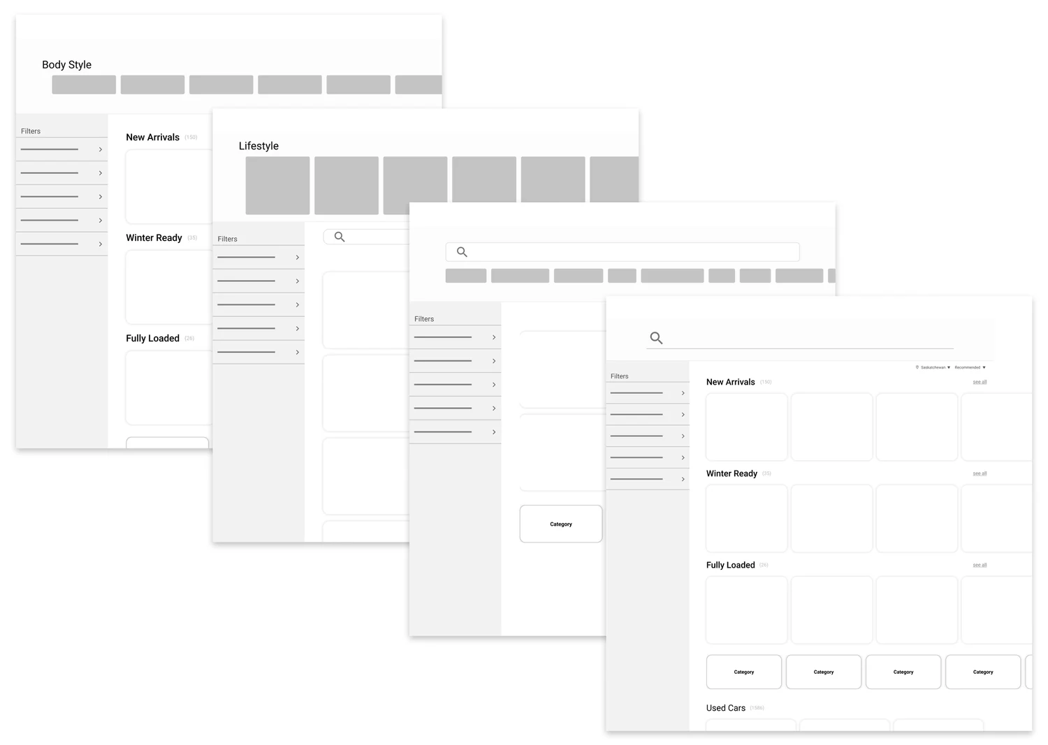 Four low-fidelity search page wireframe explorations
