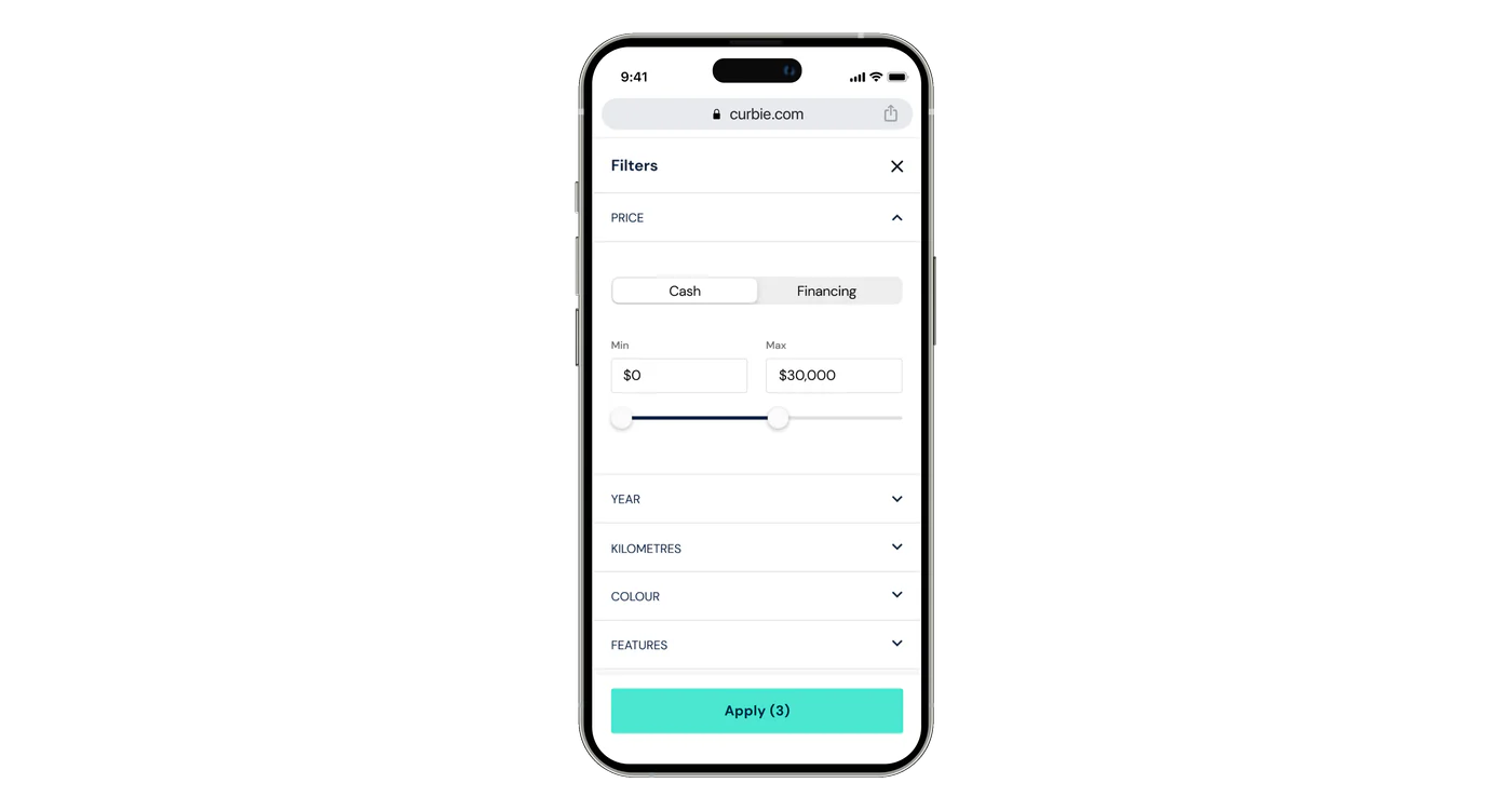 Shipped mobile filters: a full-screen Filters panel with Price expanded, a Cash and Financing toggle, min and max fields, a range slider, collapsed Year, Kilometres, Colour, and Features sections, and an Apply button