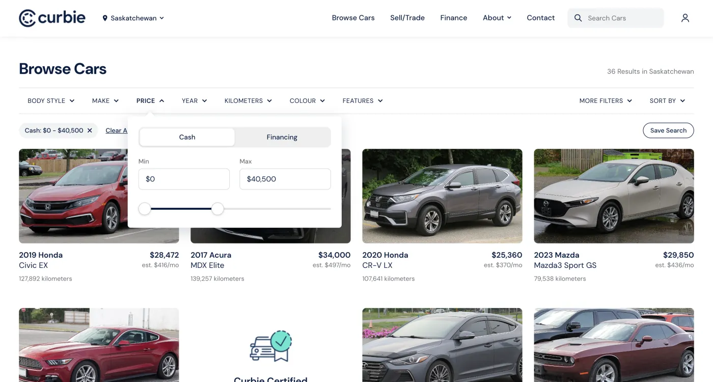 Shipped desktop filters: the Price dropdown open with a Cash and Financing toggle, min and max fields, and a range slider, above the vehicle grid