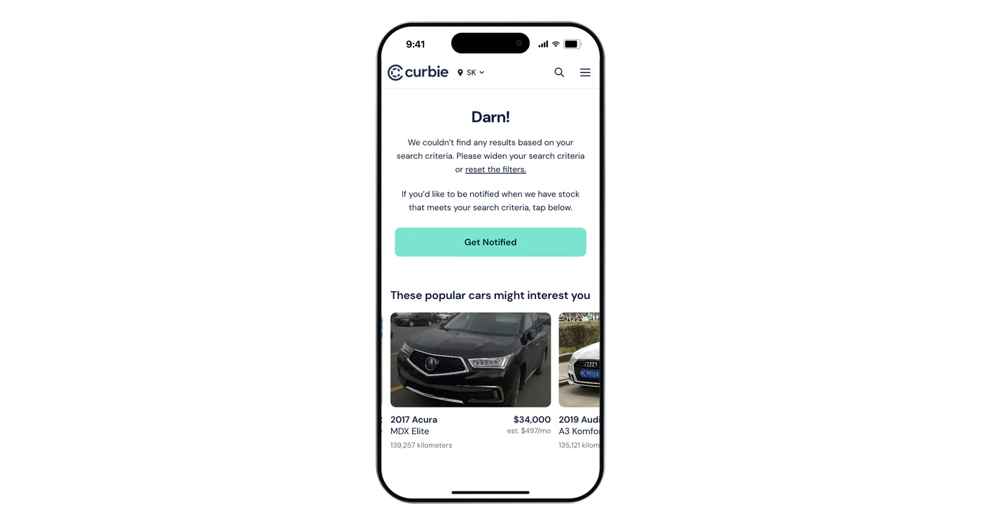 Shipped mobile no-results state: a Darn! message suggesting wider criteria or resetting filters, a Get Notified button, and a row of popular cars