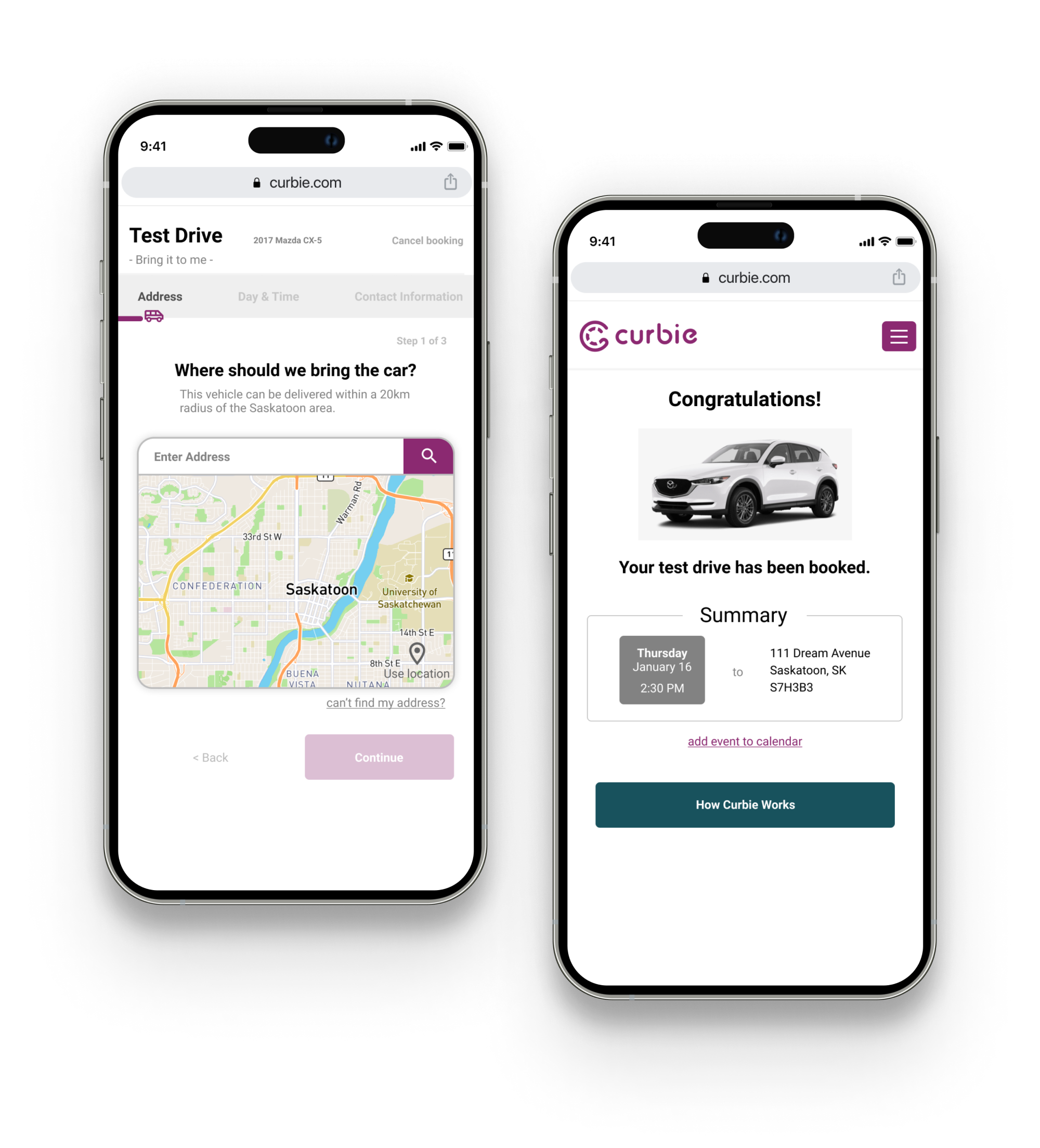 Final mobile test drive booking experience showing address entry and a booking confirmation