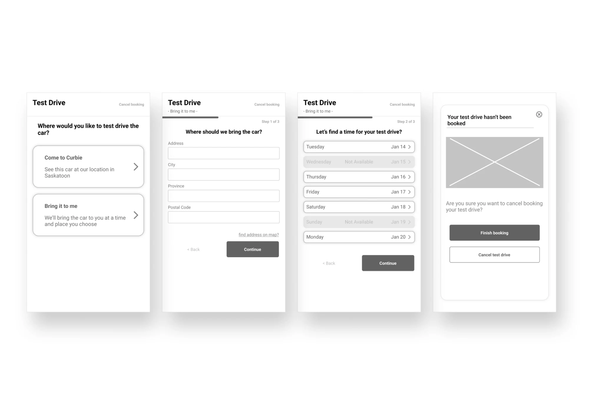 Wireframes: choosing where to test drive, entering an address, selecting a day, and a cancel confirmation modal