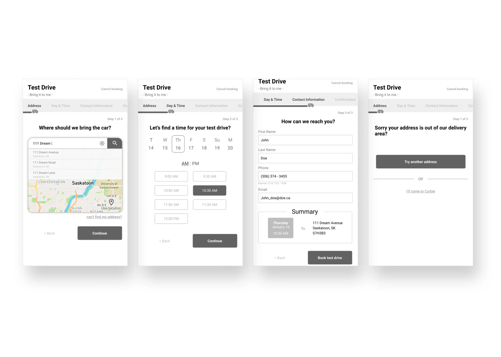 Wireframes: address autocomplete on a map, time selection, contact information, and an out-of-delivery-area state