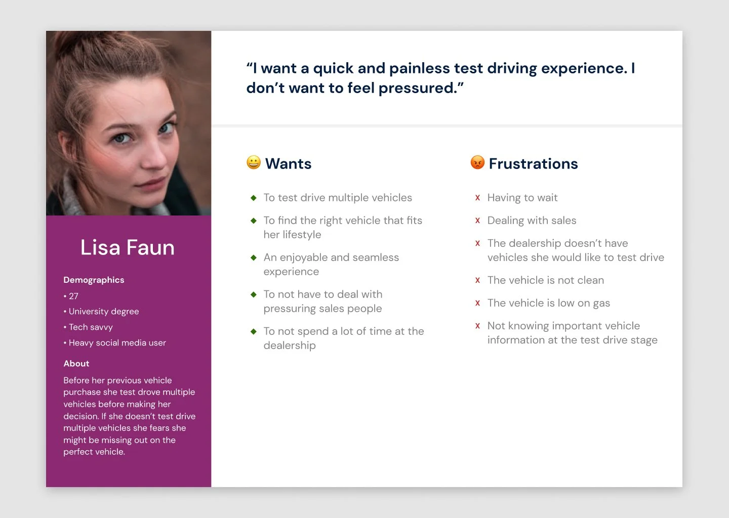 Lisa Faun persona card with wants and frustrations